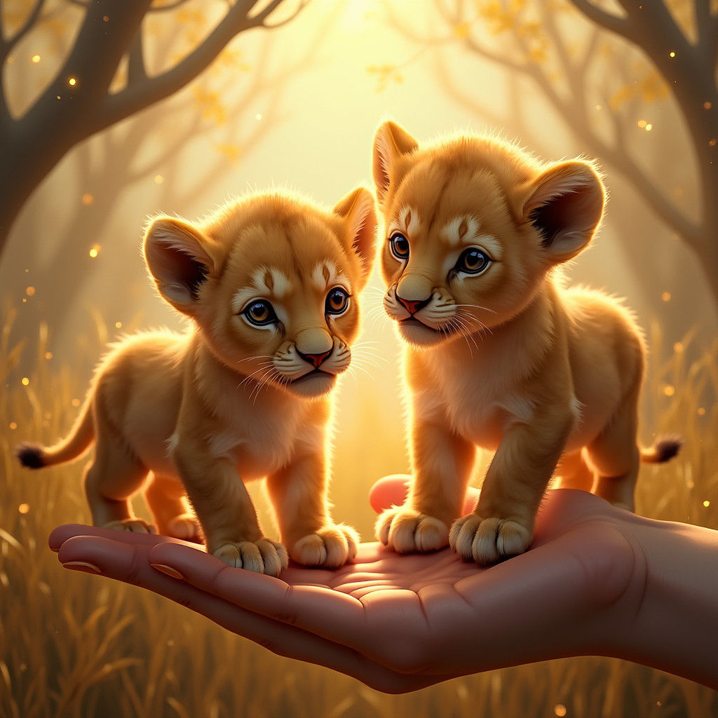 Lion Cubs on Human Hand, Dreamlike Savannah Backdrop
