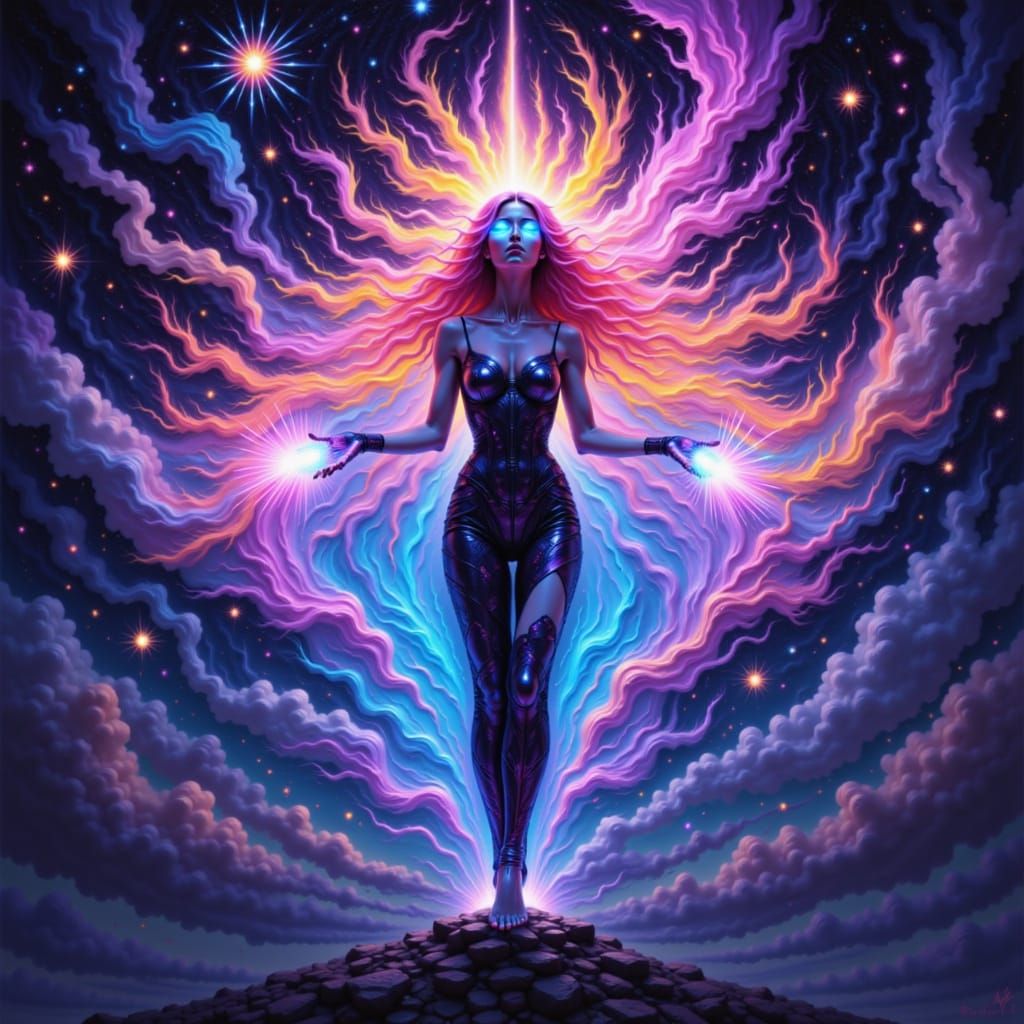 Mentalya Colorburn is a celestial being with flowing, iridescent hair and glowing, neon-blue eyes, radiating intense power as streaks of col...