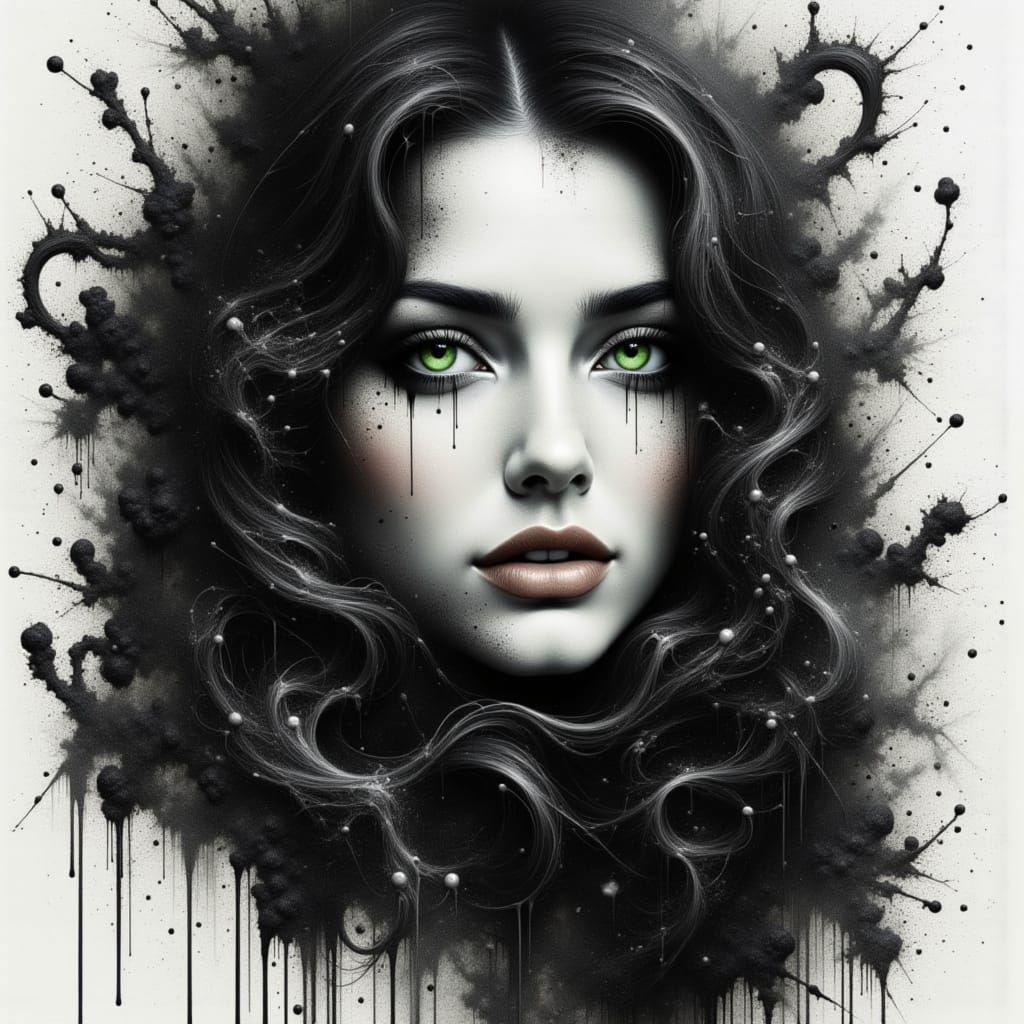 <lora:All About The Drip:1.0> Rough brush strokes, a water color painting up close of a beautiful womans face with long swirls of smoke for ...