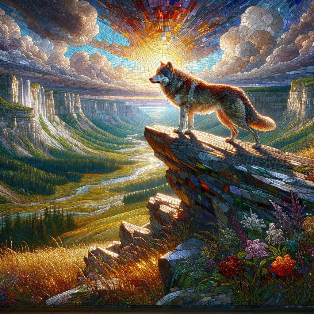 Wolf on Cliffside: Detailed Glass Mosaic Art