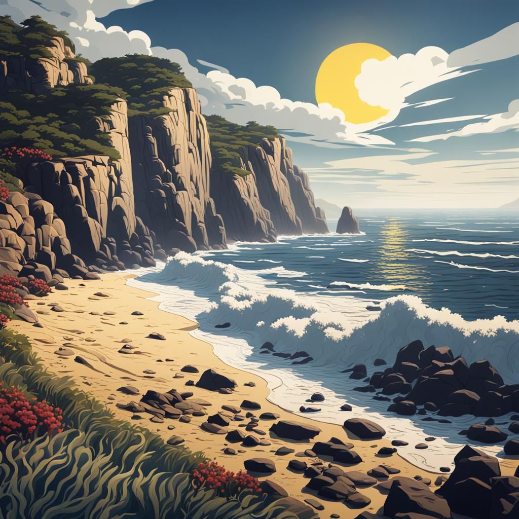 A coastal landscape scene including ocean, beaches and coast...