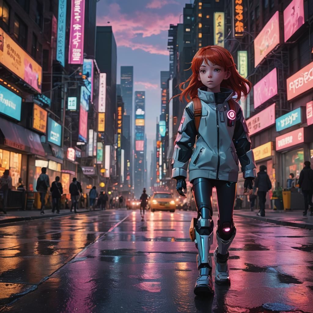 Anime 10 years old cute redhead cyborg, walking in street of...