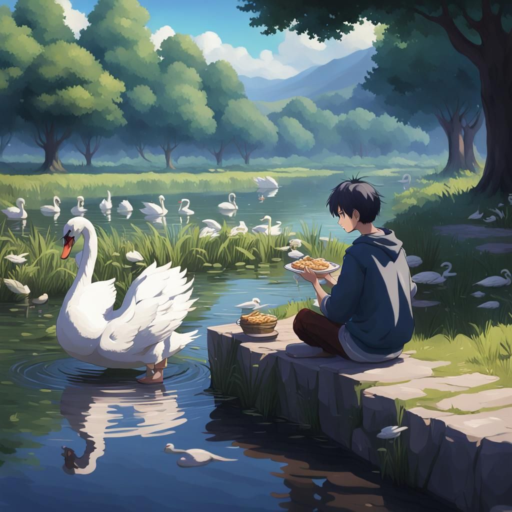 A boy is sitting on the bank of the stream, his feet are wad...