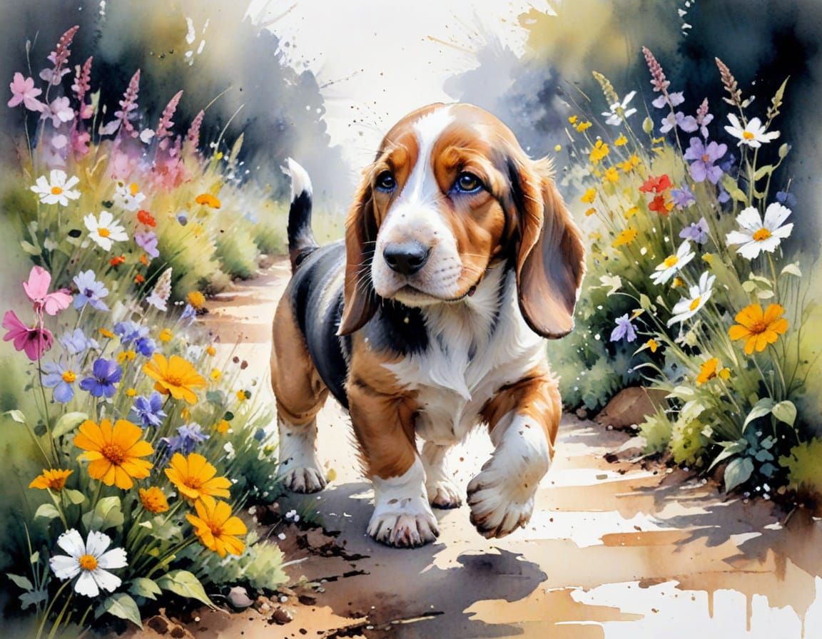 Adorable Basset Hound pup playing on wildflowers garden path  by @lolodile06