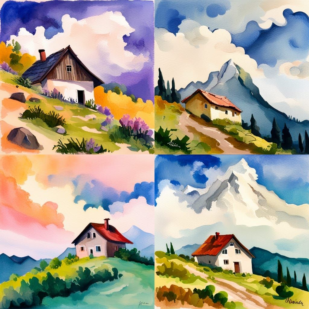 House in the top of mountain surrounded by clouds in Gouache...