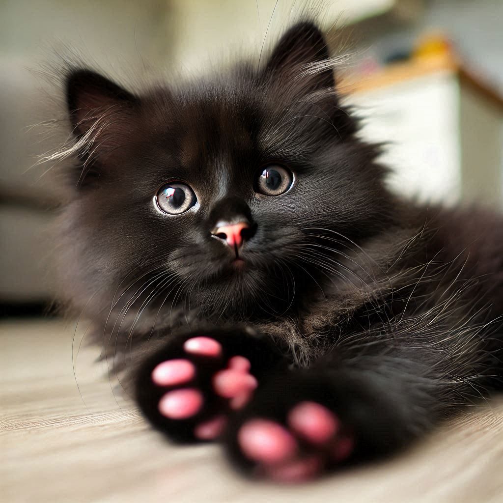 cute black kitten with pink nose and toe beans