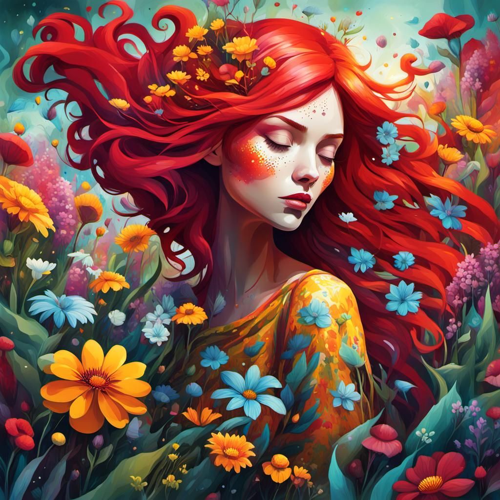 A red hair fairy, clothed in wildflowers, tending to her gar...