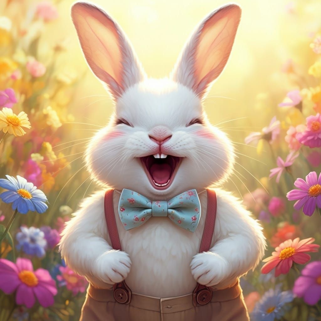 Joyful White Rabbit in Pastel Flower Meadow