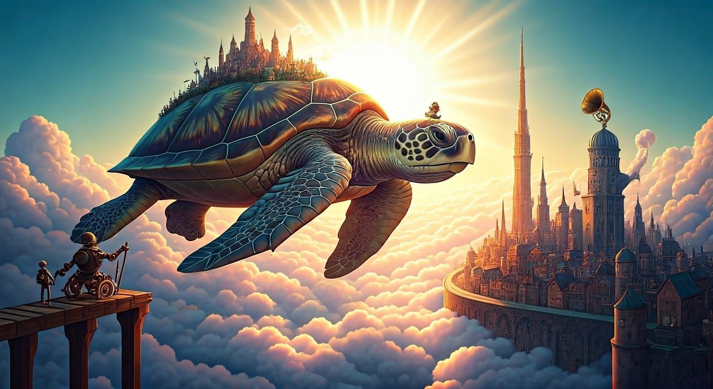 "A giant flying sea turtle with a detailed city built on its shell, soaring above the clouds in a vibrant ...  by @Kirani dev