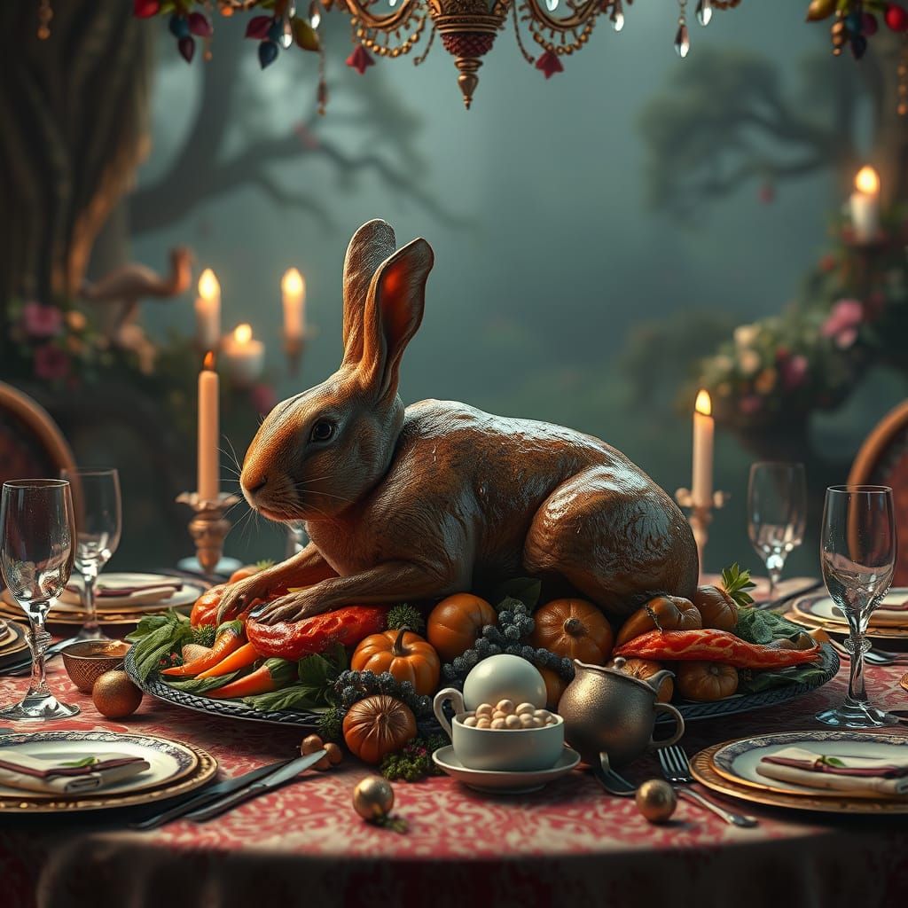 Roasted Rabbit Feast in Whimsical Fantasy Setting