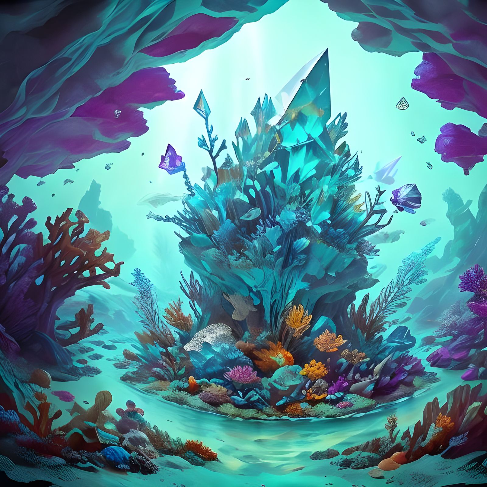 crystal cluster in an underwater cave, seagrove with bioluminescent crystals , glowing steampunk shark swimming through<lora:Isometric View...