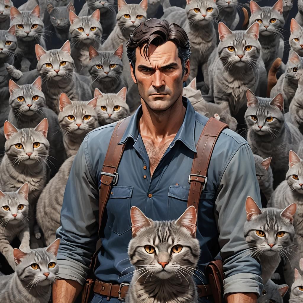 ASH WILLIAMS WITH GREY CATS