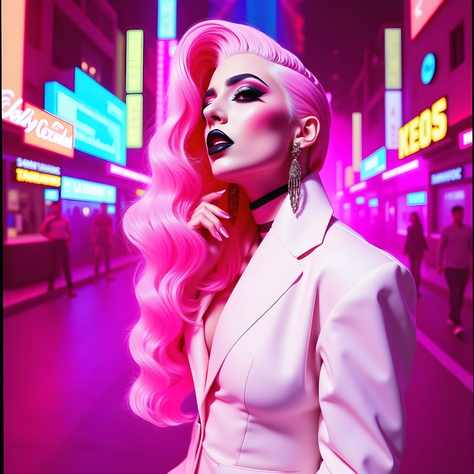 <lora:BehindTheAurA:1.0> Collage, High‑fashion editorial close-up portrait of Lady Gaga with long hair, white color palette, haute couture, ...