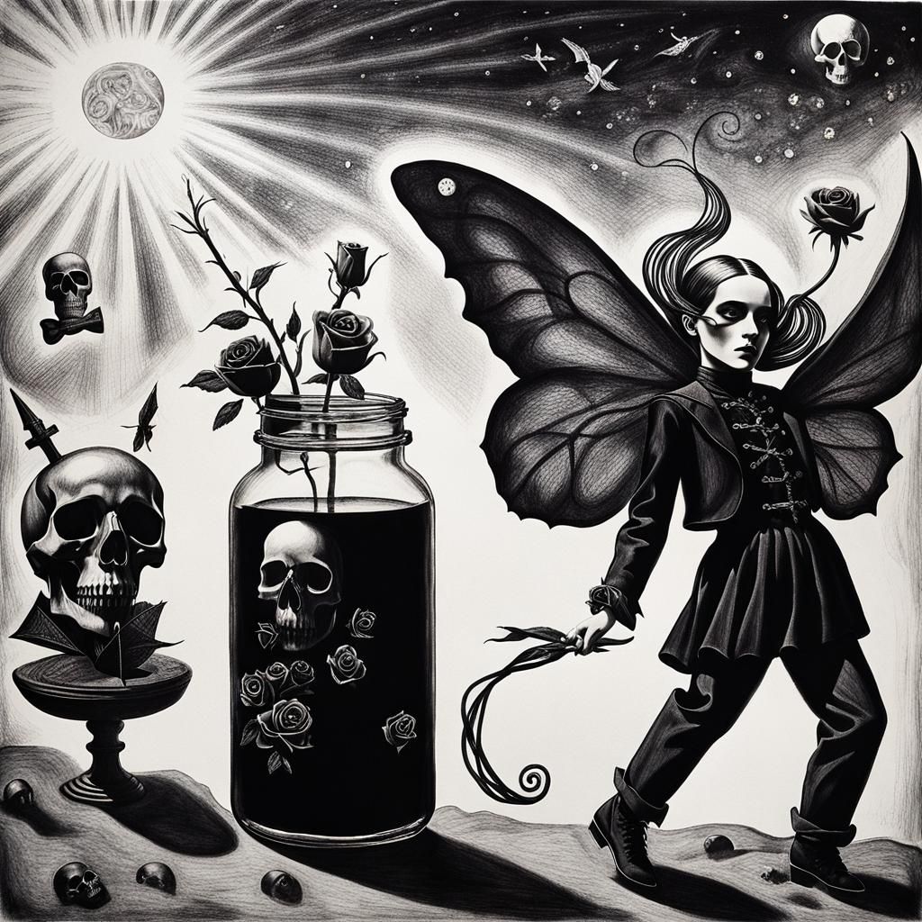 Kids Crayon drawings ,surreal (child's drawing )of a goth wo...