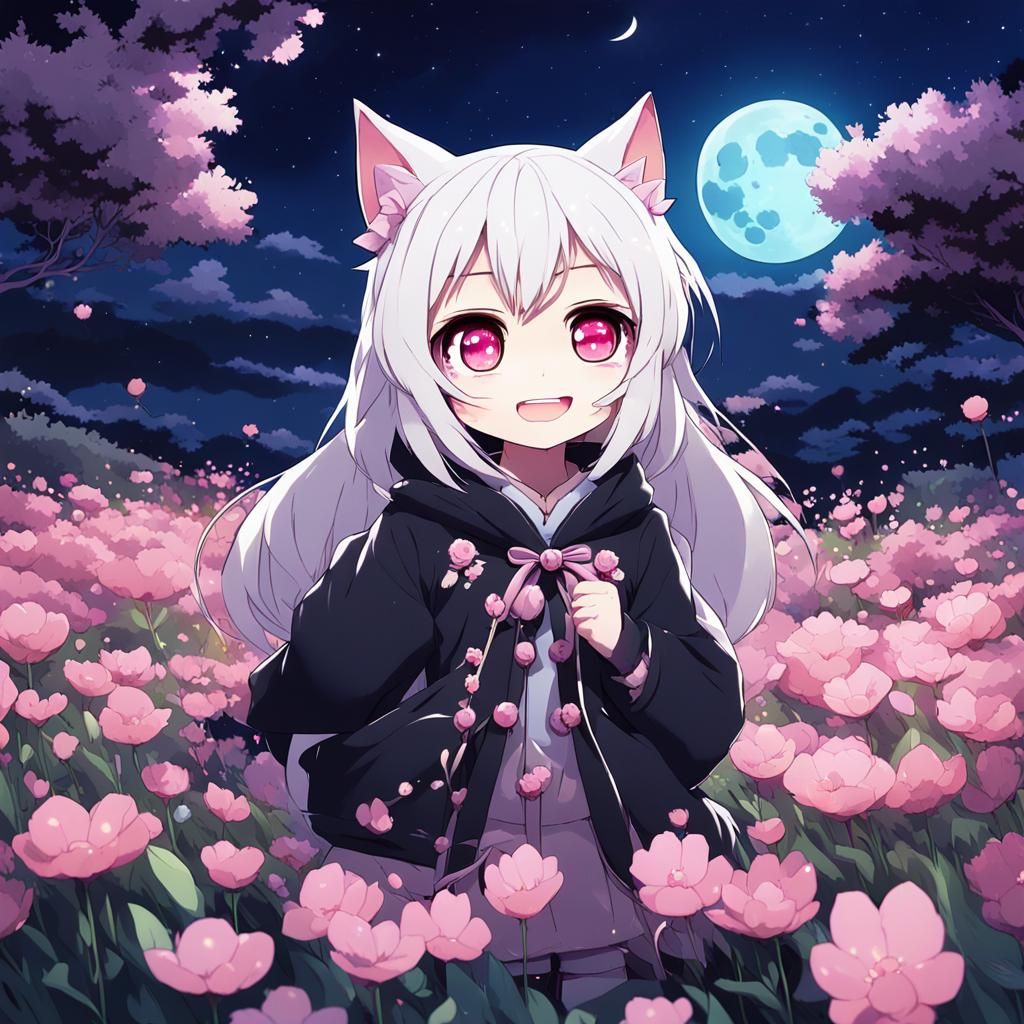 Chibi Catgirl in Flowery Field, Manga Style