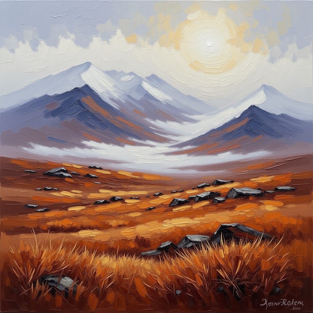 <lora:Impression Impasto:1.0> Scottish Highlands — mist over russet moorland, rugged peaks in fading light, painterly impasto textures, mood...
