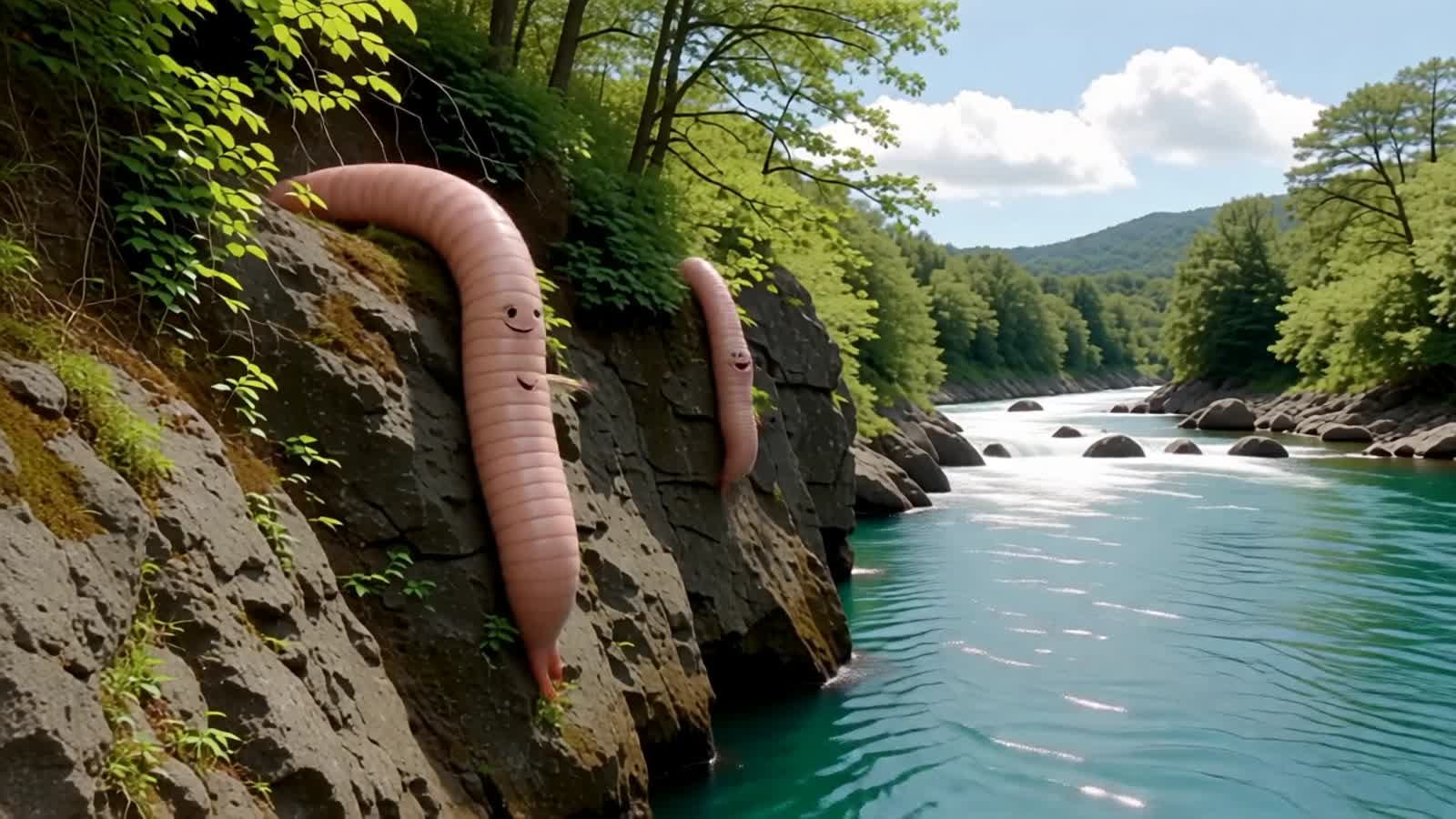 Smiling earthworms are jumping off the cliff to the river where hungry fishes are catching them. Surreal photograph of t...