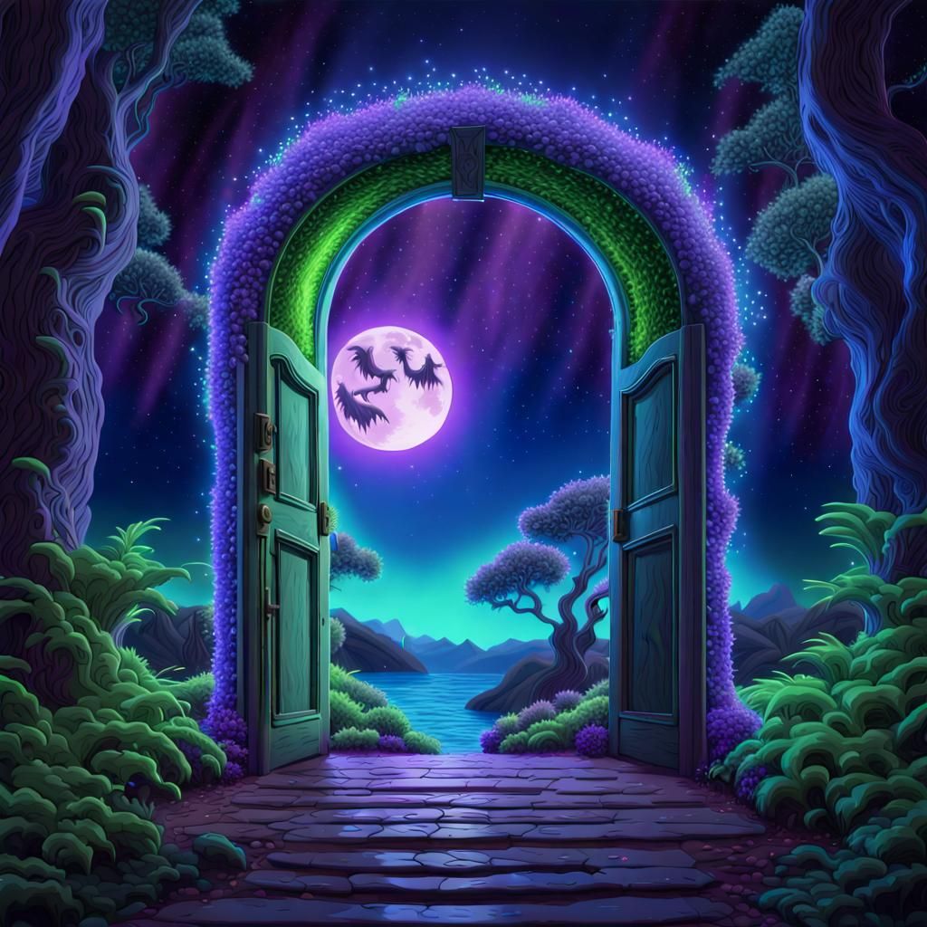 Enchanted Doorway, 
Fantasy island , full moon, twinkling st...