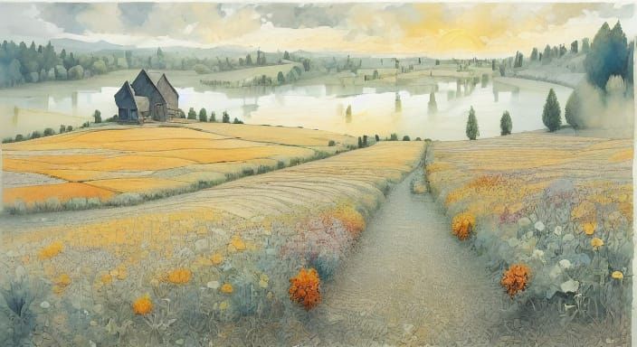 Whimsical Watercolor Village Amidst Rolling Hills