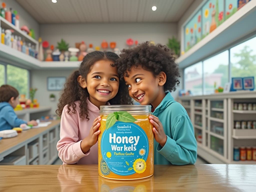 keep the same kids in image and delete a product and replace to very small product very small cylinder jar of honey 
