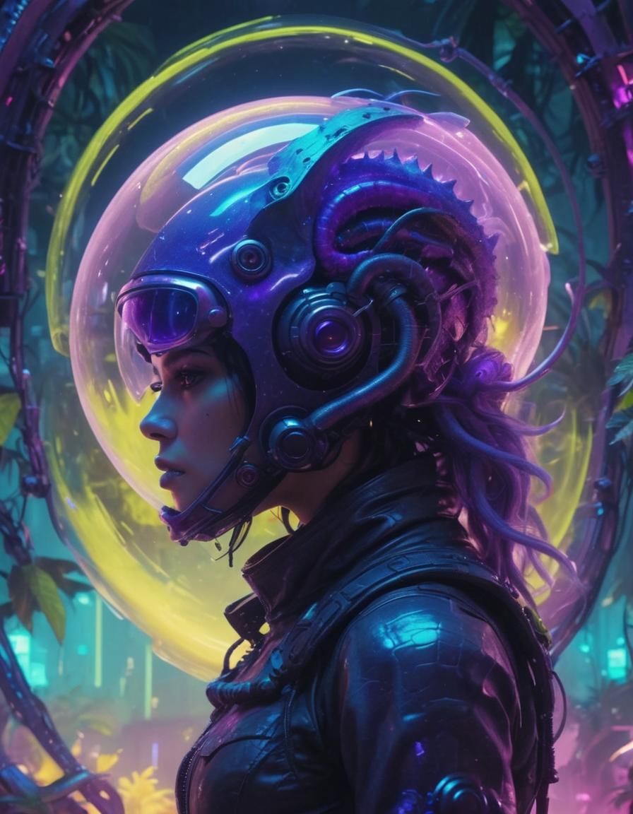 cyberpunk trashpunk reptilian lizard person bubble helmet wa...