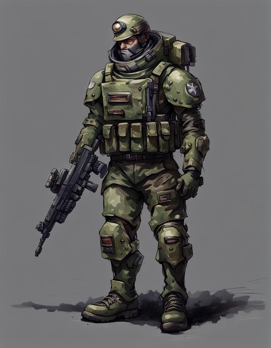 A full body portrait of a 40k soldier man, who is wearing a camo ...