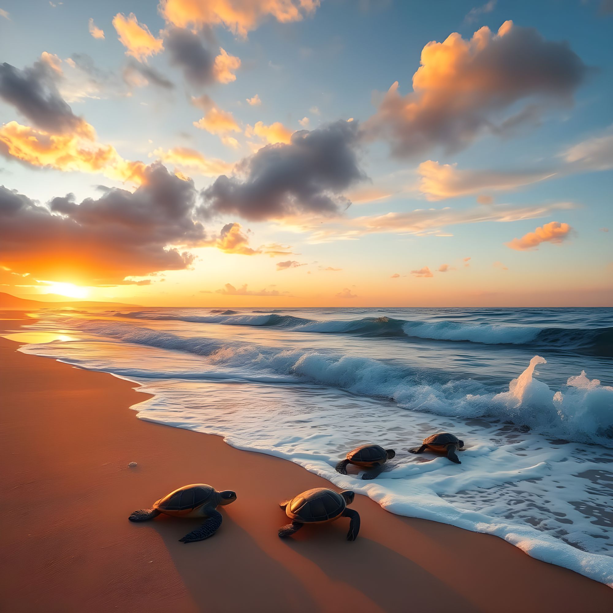 A triangle beach scene with the sun setting waves crashing breeze blowing and sea turtles being hatched and going out to the seat
