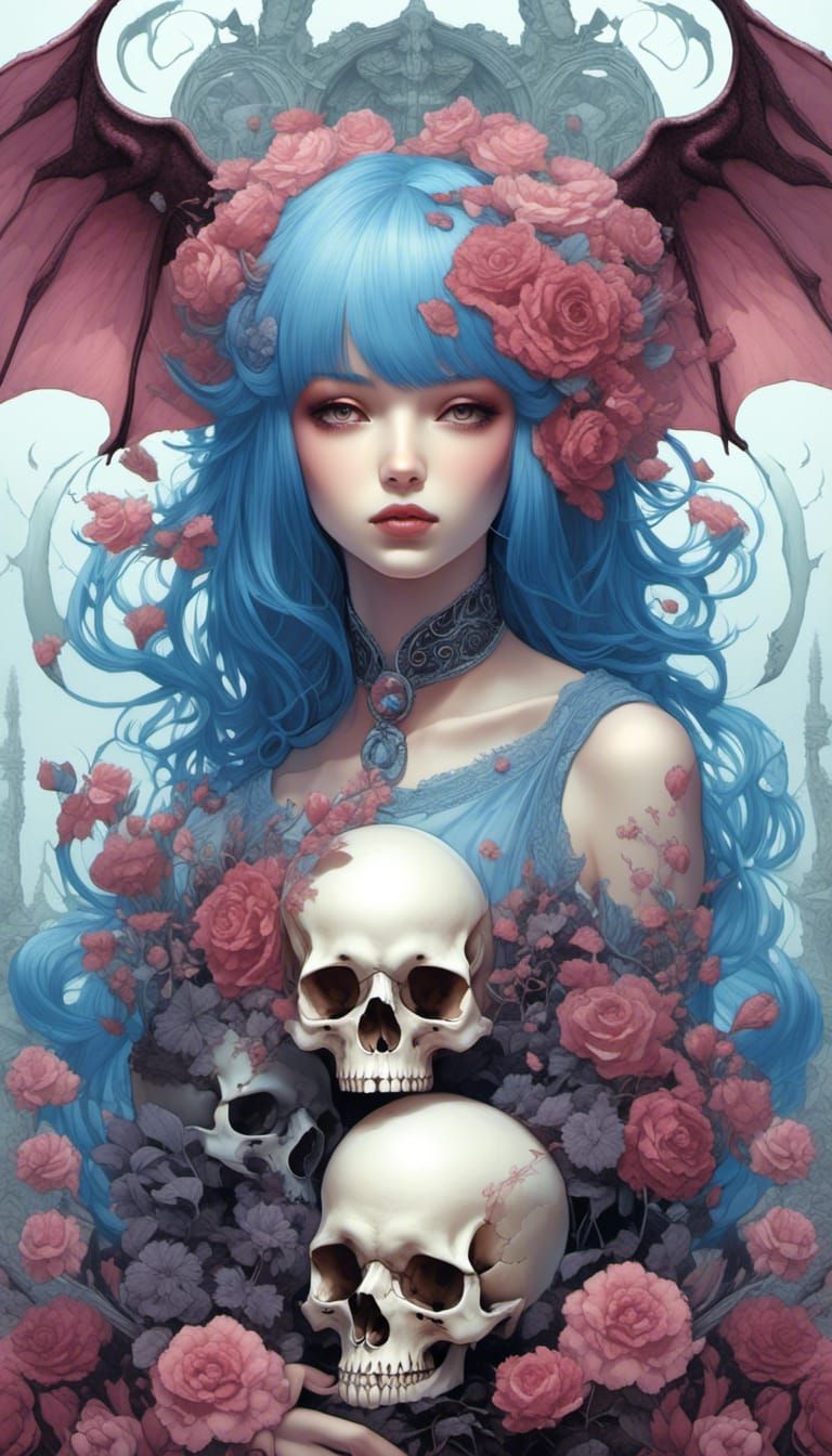 (Anime:1.1)(beautiful:1.1) adult demon(woman:1.1), (tiny flat:1.1), blue bobcut hair, holding human skull, looking from below, pale colours,...