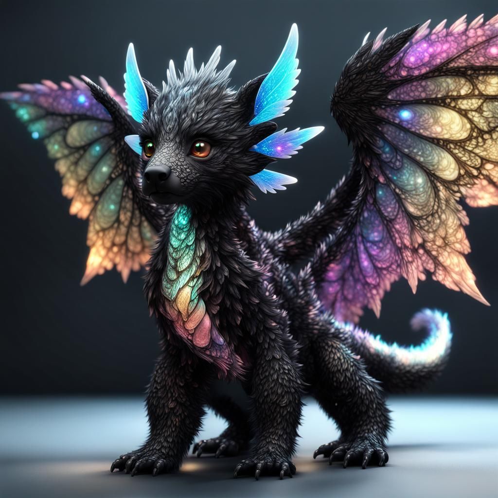 Adorable Winged Dragon-Bear Cub with Fractal Wings