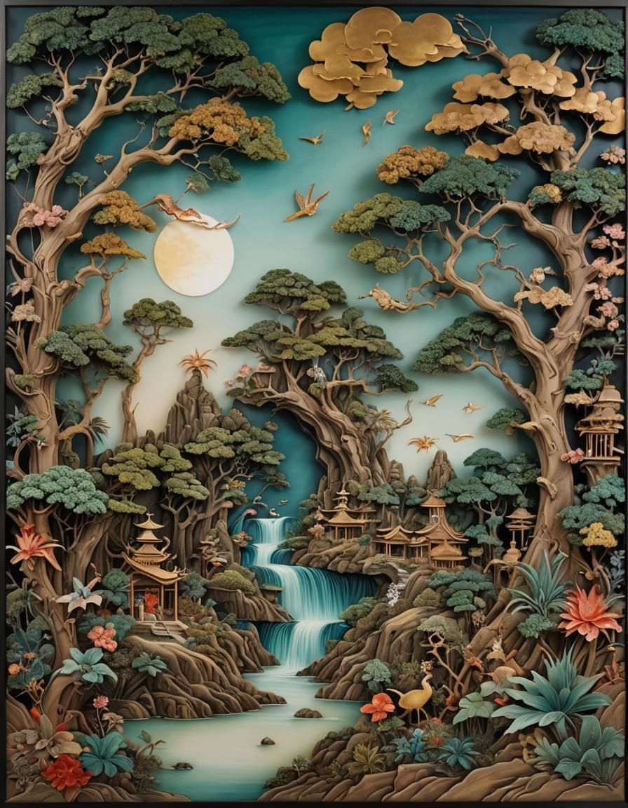 Eclectic Surrealist Fusion Spectrolite Asian Style Panel Dep...