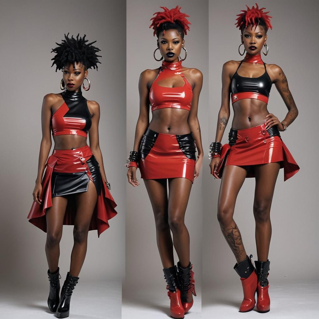Skinny ebony, high heel boots,latex bikini top, short red sk...