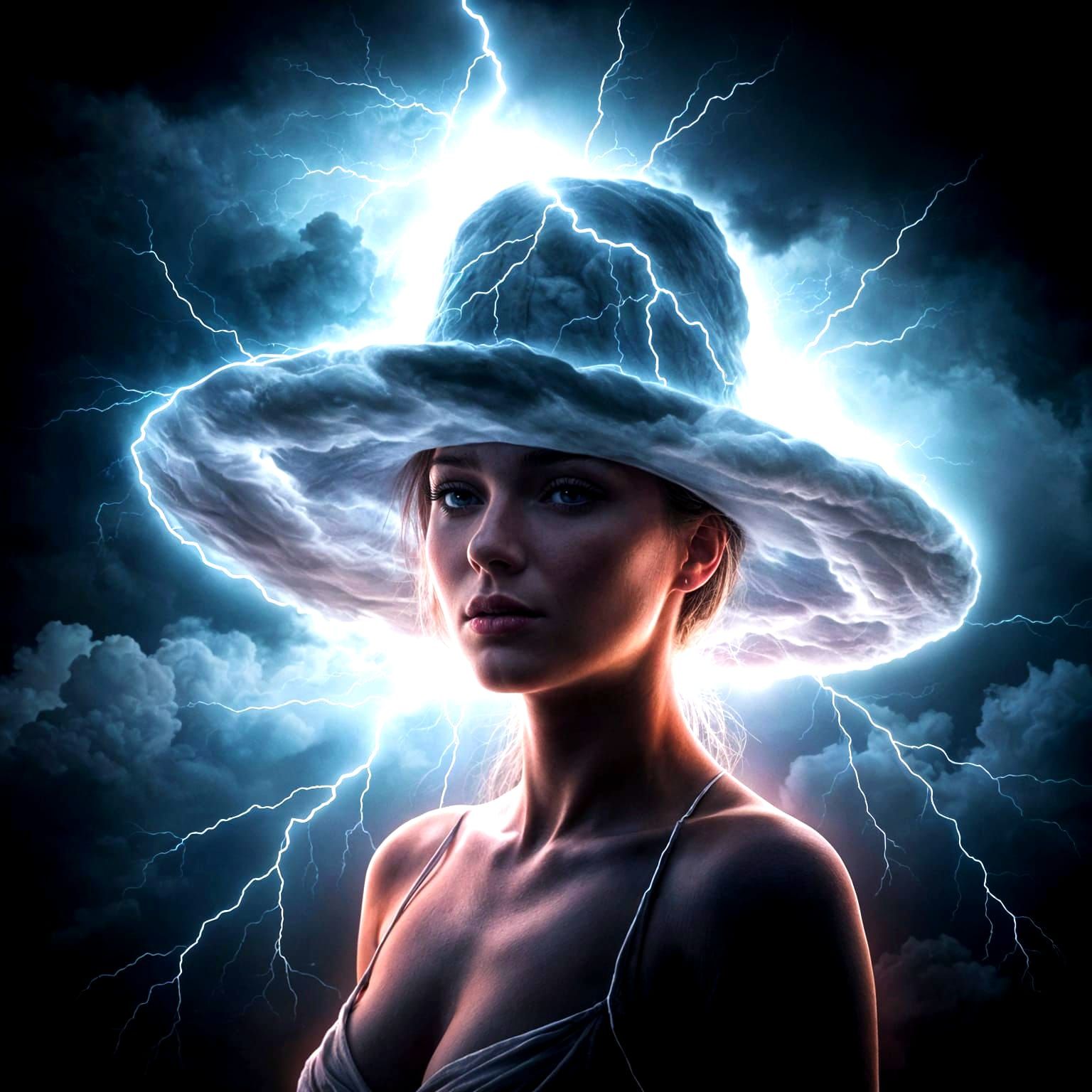 a large hat made of lightning, storm clouds,   by @Tilted25