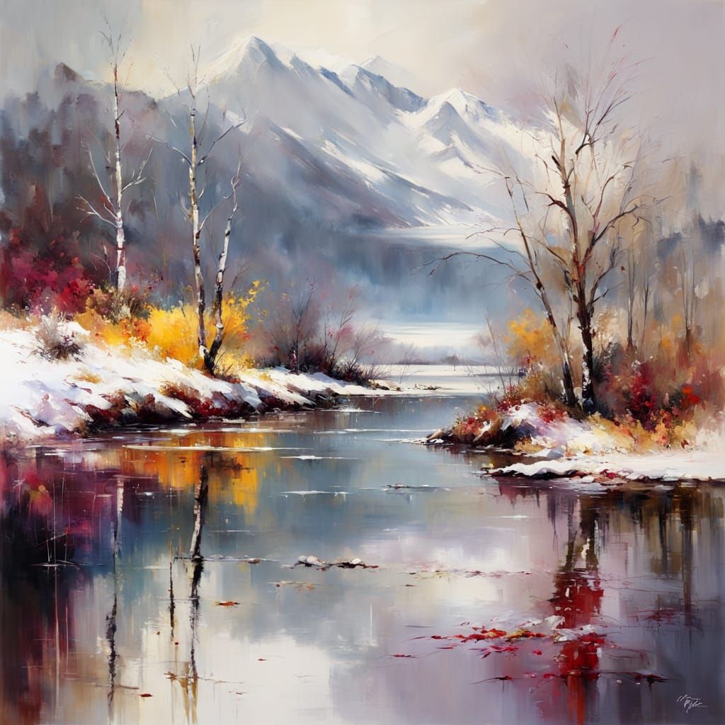 winter landscape ,lake with reflections   by @Mapont