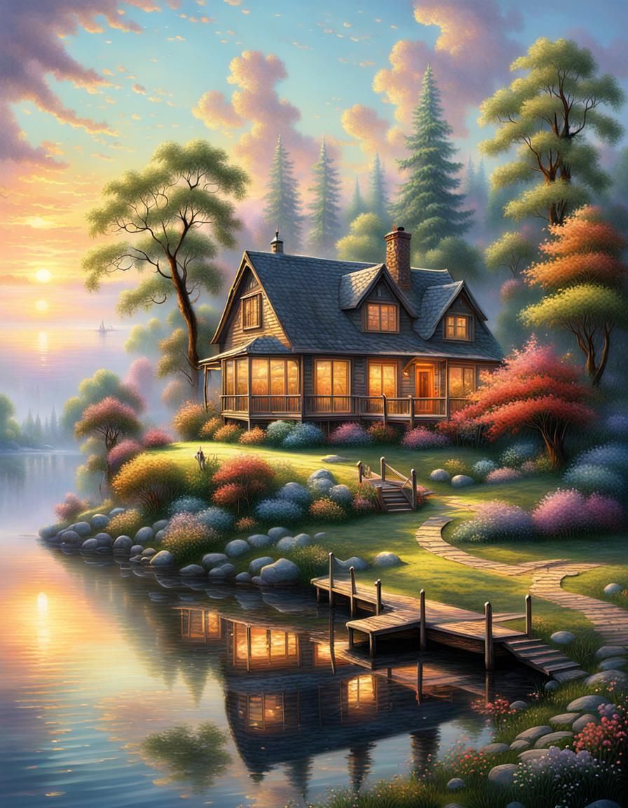 Wooden house on a lakeside, beautiful, lake, trees, sunrise,...