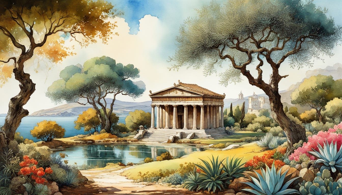 Greek Park Illustration in Storybook Style