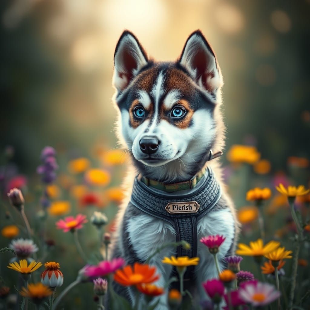 Regal Husky Puppy in Wildflower Field: Fantasy Art