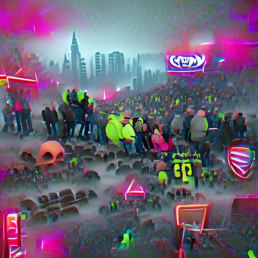 city crowd in foggy neon apocalypse