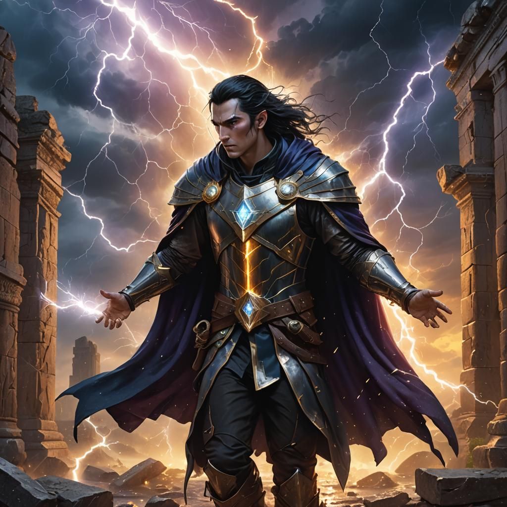 Epic Elf Wizard Casting Spell in Lightning Storm