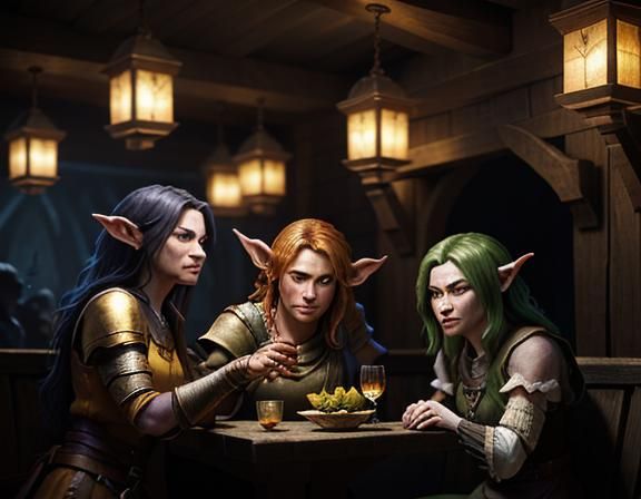 three female goblins drinking cocktails in a rustic tavern. ...