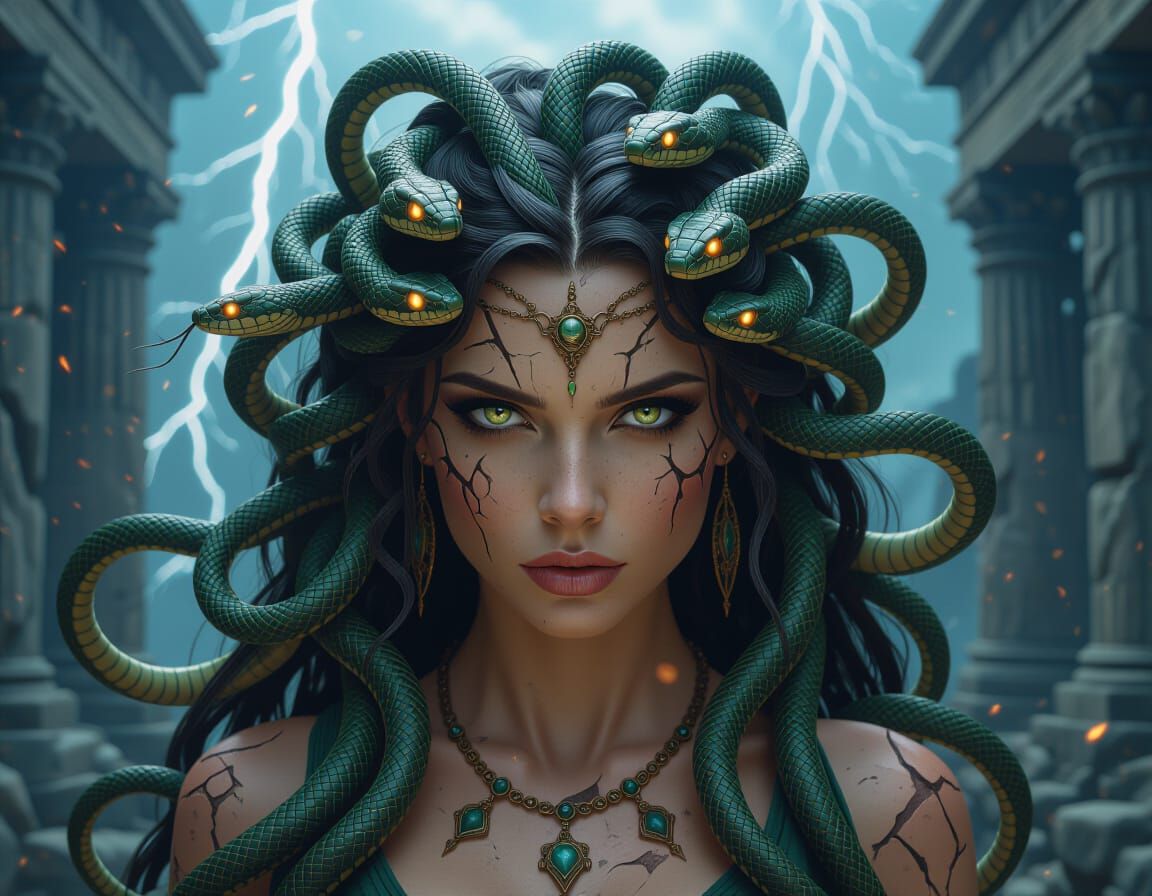 Реалистичная Медуза Горгона: живые змеи переплетаются на её голове, их глаза светятся. На её коже — древние шрамы и каменные трещины. Она см...