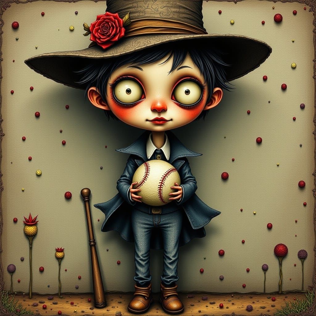 <lora:Quirk On A Whim:1.0> ILLUSTRATION, quirky baseball player, style of nicoletta ceccoli, mark ryden, and Tim Burton, UHD, intricately de...