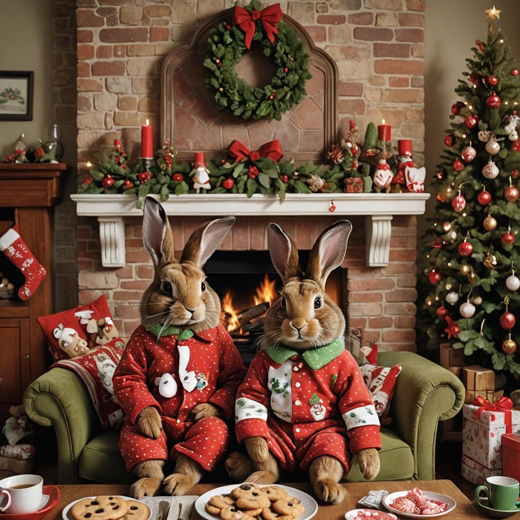 Warm Christmas Scene with Two Brown Rabbits in Red Pajamas