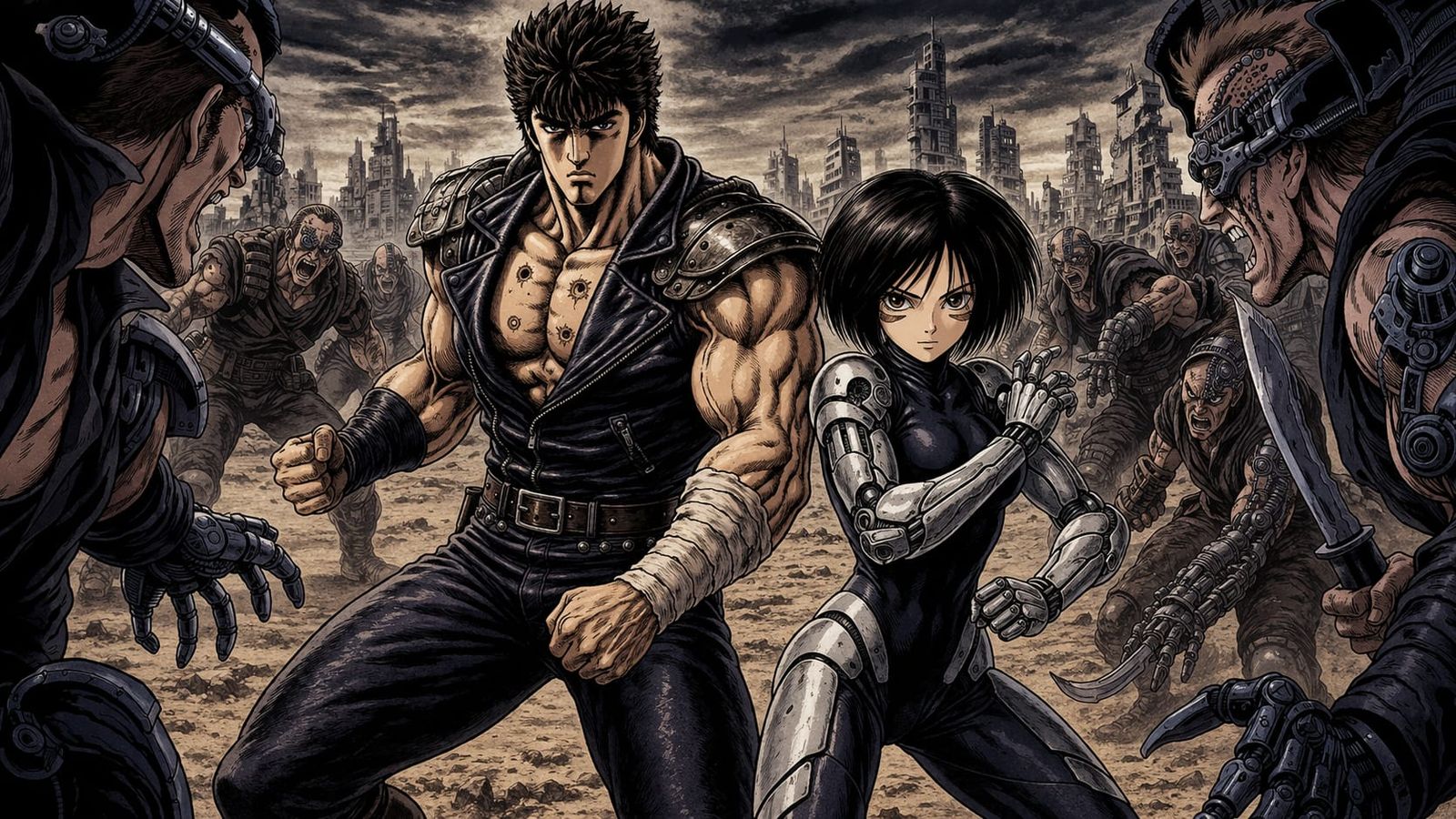 Kenshiro (Hokuto no ken)  and Gally (Gunnm Hyper Future Vision) vs Villains