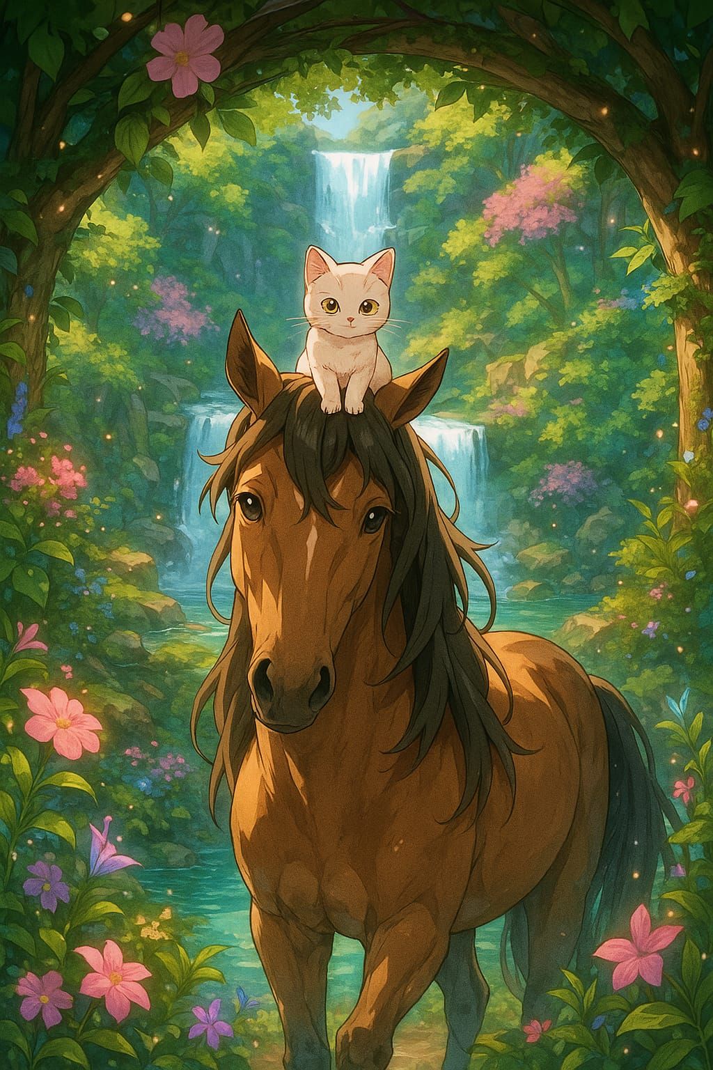 Kitten siting on the horse's head in a garden