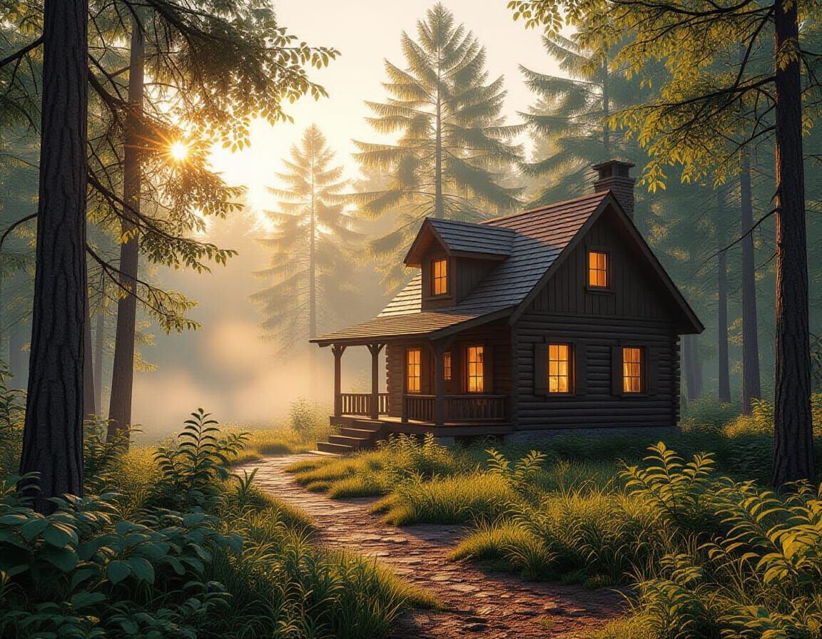 Cozy Cabin in Sunlit Forest at Dawn