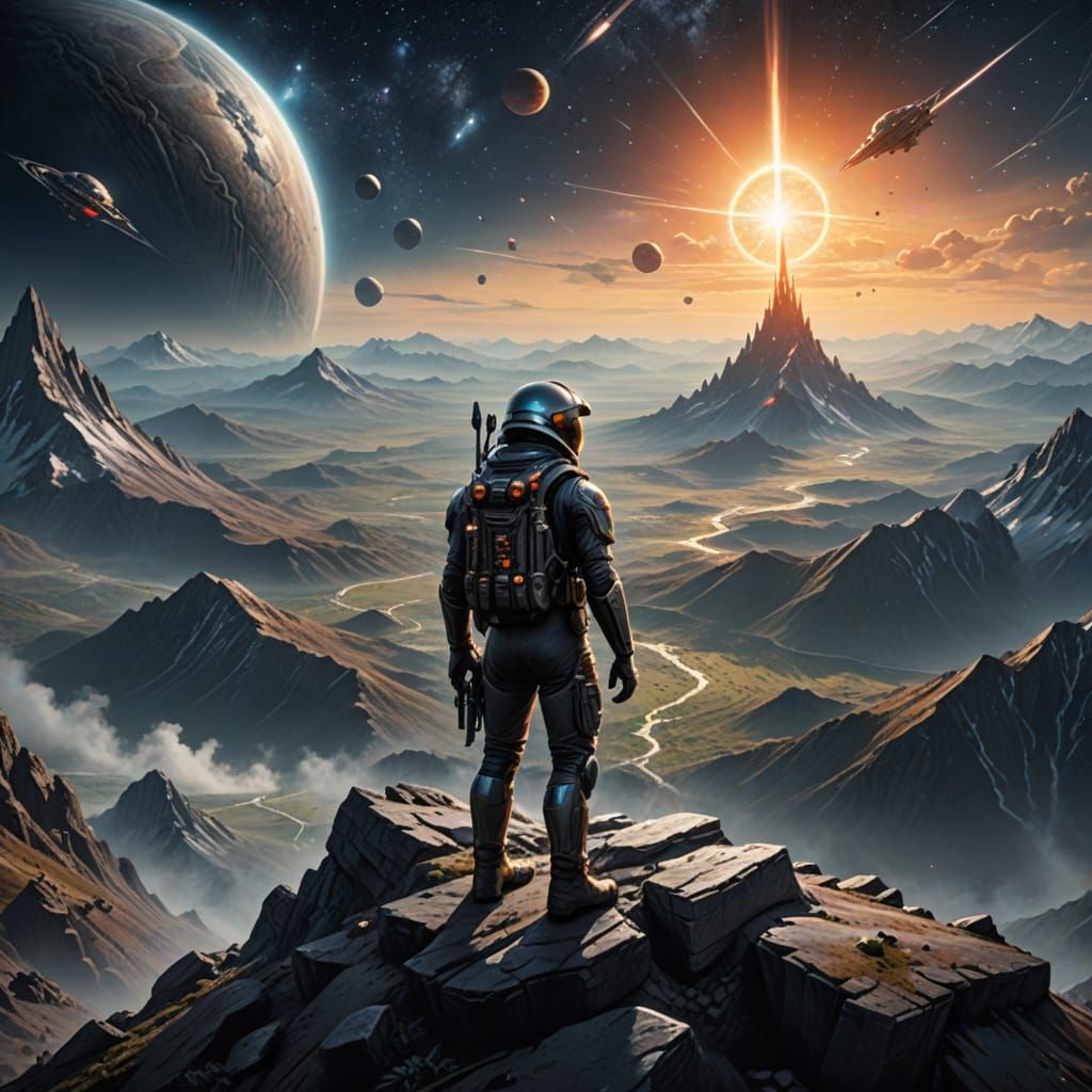 Galactic Explorer on Mountain Peak Faces Alien Invasion