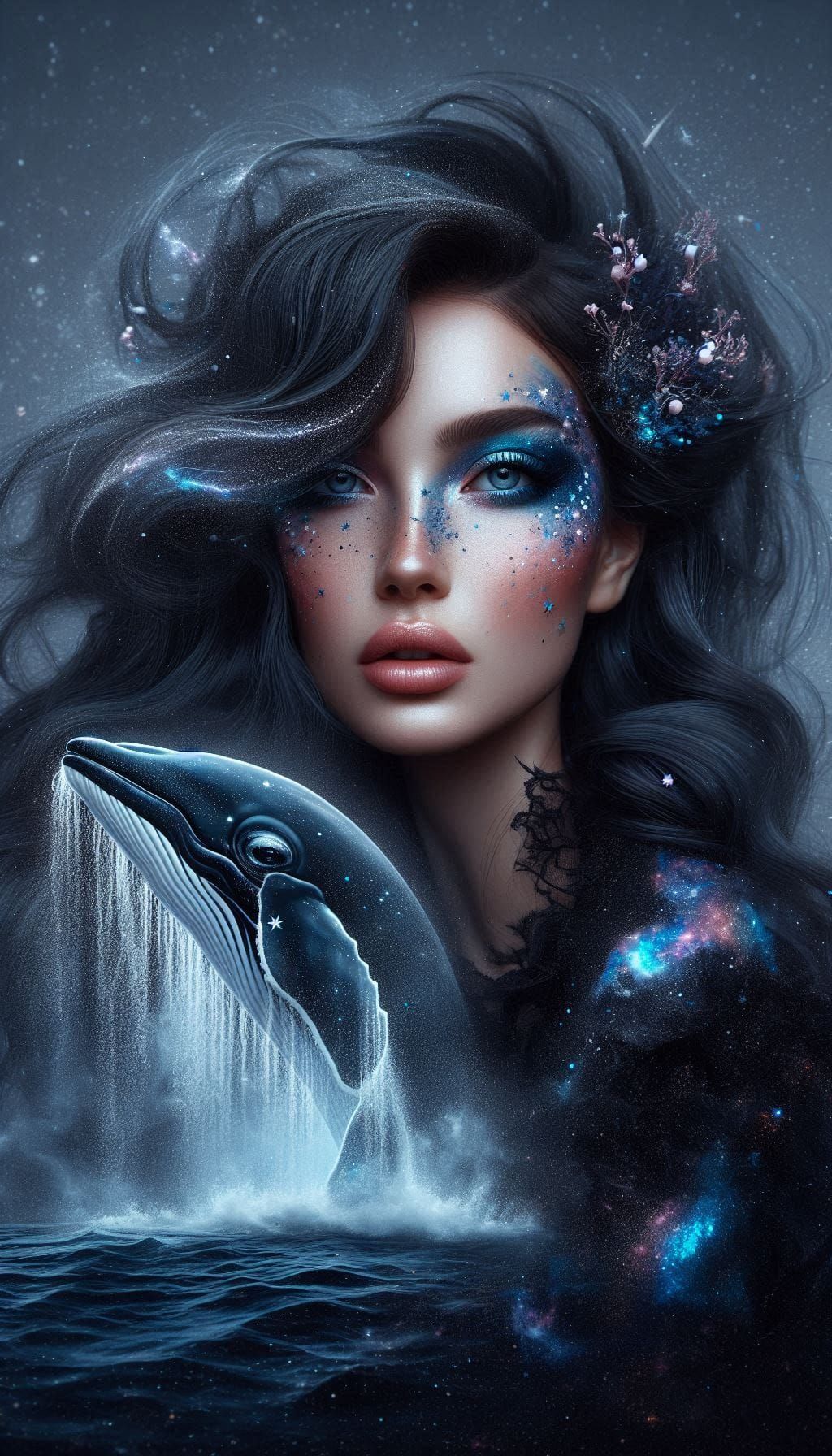 “Starborn Tide” 

A dreamweaver from ocean and cosmos, with a breaching whale of light.