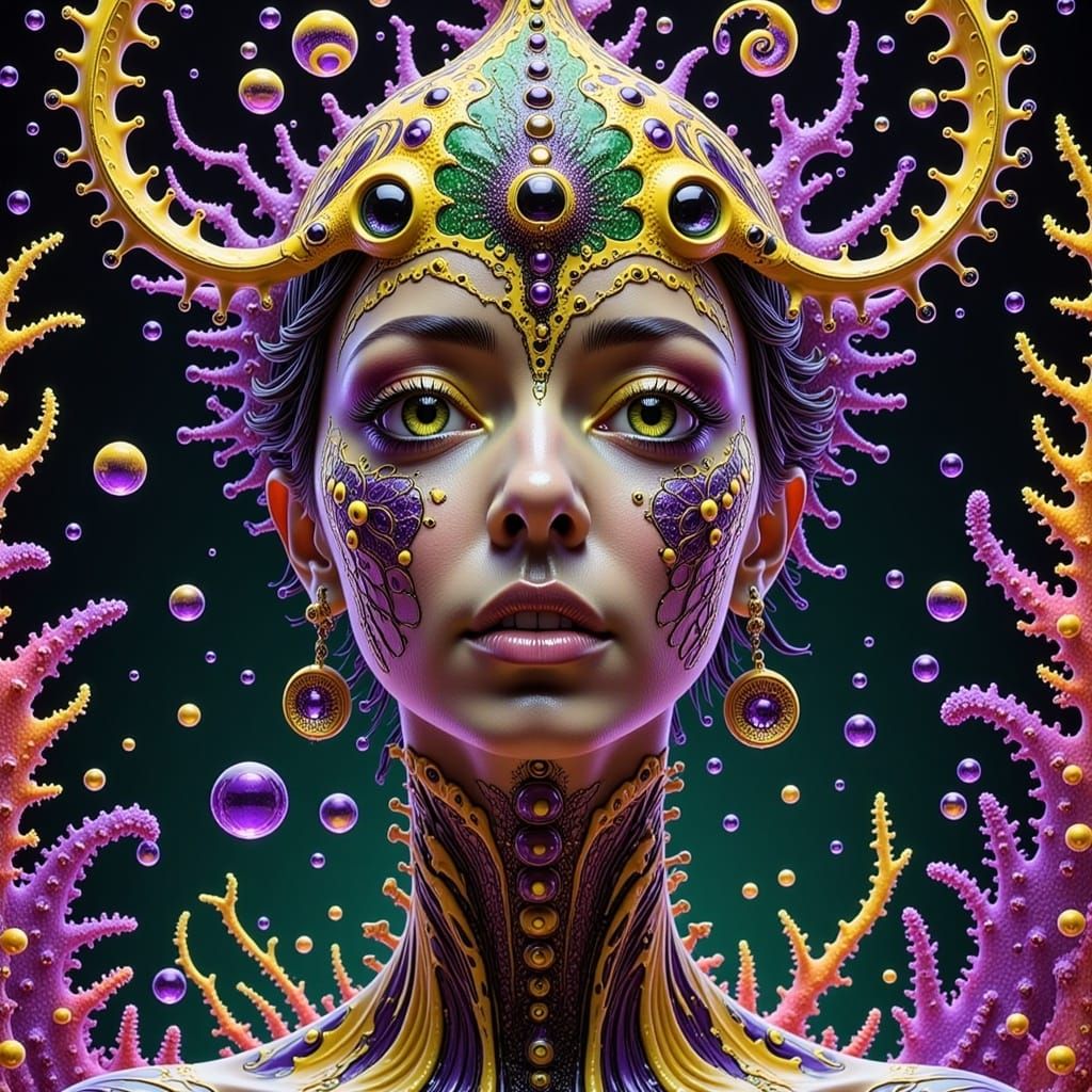 Amazing detailed photorealistic kaleidoscopic blacklight UV light portrait beautiful shaman surrounded by exotic birds bioluminescence, drea...