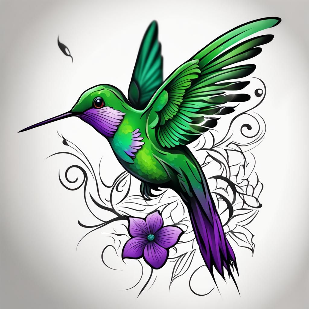 green and purple hummingbird tattoo
