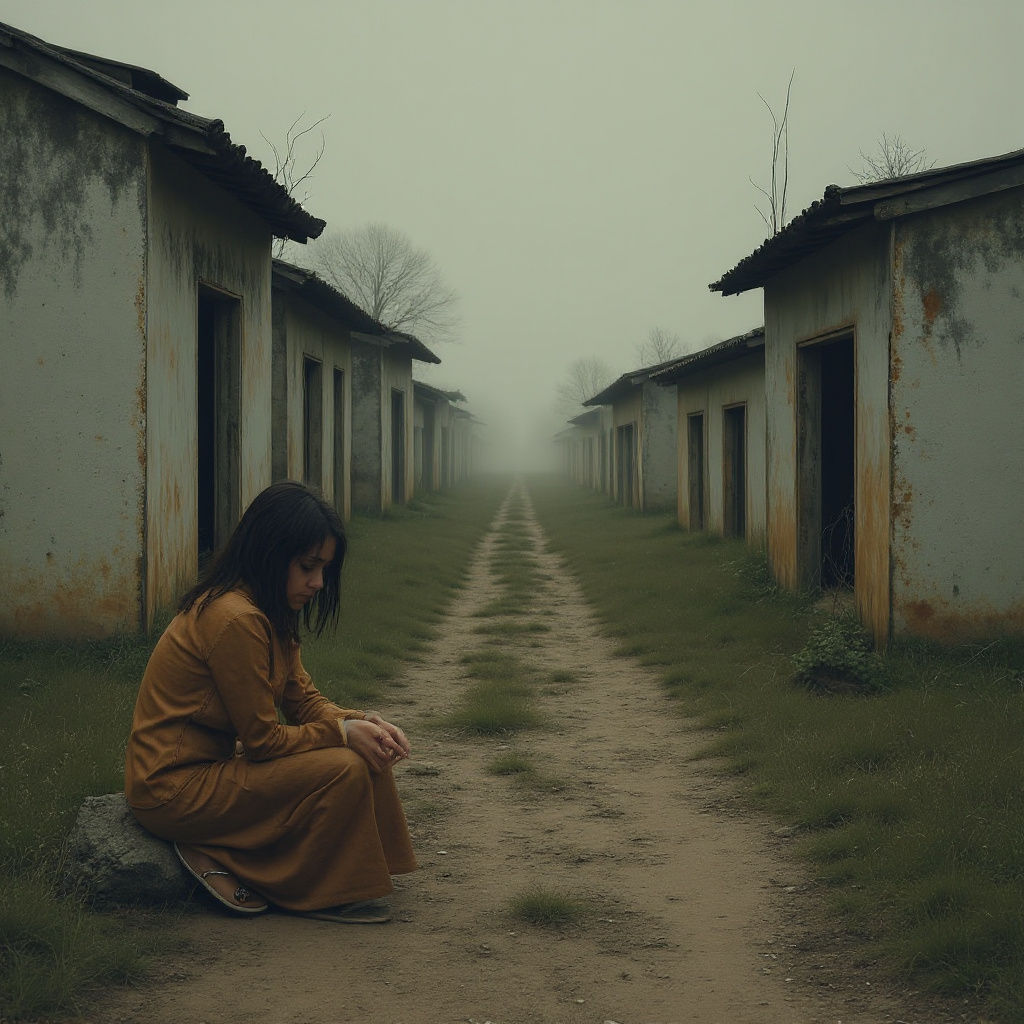Sad Child Amidst Destroyed Homes